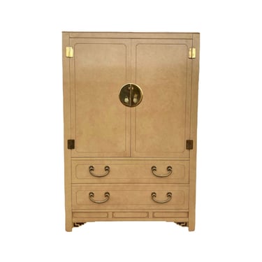 Chinoiserie Armoire Dresser by White Furniture - Vintage Tan & Gold Asian Style Hollywood Regency Credenza 