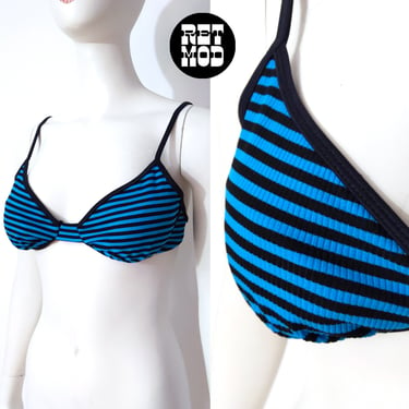 Fun Vintage 80s 90s Blue Black Stripe Bikini Top 