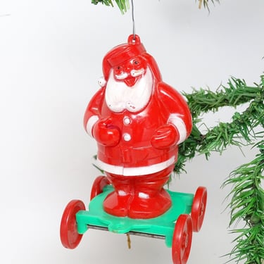 Antique 1950's Santa Pull Toy Ornament, Vintage Christmas Santa Claus on Wheels Candy Container, MCM Retro 