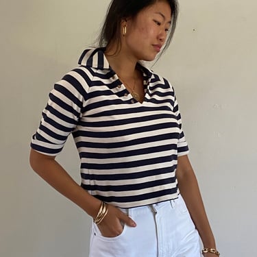 90s cropped striped cotton knit top tee / vintage navy blue striped collared henley nautical stripe crop tee top | Medium 