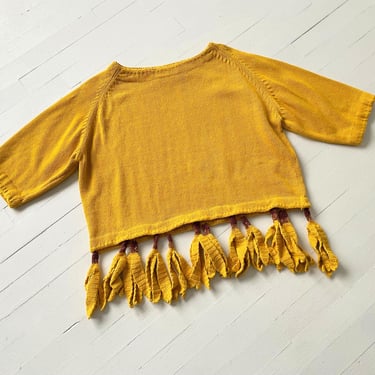 1990s Mustard Knit Sweater – Tassel Hem Cropped Pullover, bananas, novelty, M/L Vintage 