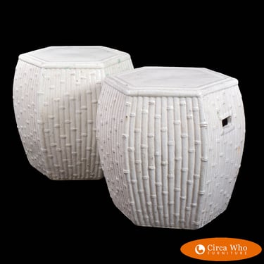 Pair of Oversize Faux Bamboo White Hexagonal Garden Seats