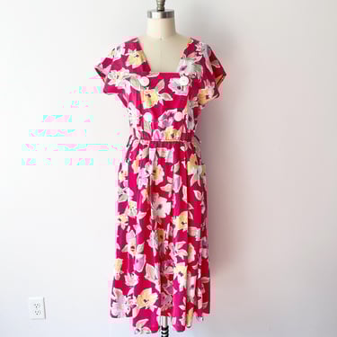 SIZE L / XL 70s Vintage Maternity Day Dress - Red Floral Day Dress - Detachable Pockets Breastfeeding Friendly Postpartum 