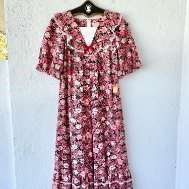 Vintage 70s 80s Sun Babies Liberty House Hawaiian Muumuu Pink Floral Lace Dress Cottage Hawaii Dress Puffy Sleeve 