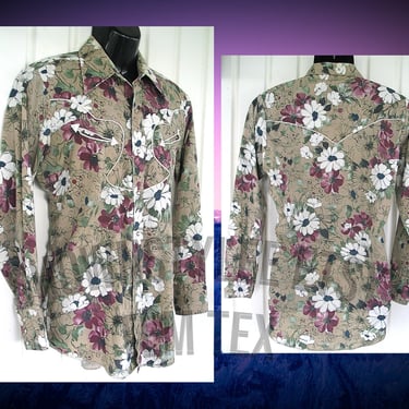 Tem Tex Vintage Western Men's Cowboy and Rodeo Shirt, Purple, White & Green Floral Print, 15.5 - 33, Approx. Medium (see meas. photo) 