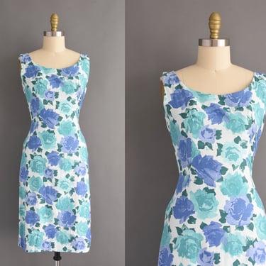 vintage 1950s Dress | Cotton Blue Floral Rose Print Wiggle Dress | Medium 