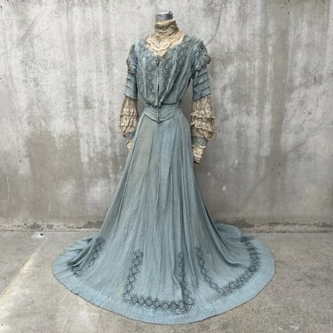Antique Victorian Blue Silk Embroidered  Dress Lace Trim 2 Piece Pogue Vintage