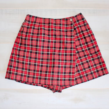 Vintage 90s Plaid Mini Skirt, 1990s Skort, High Waisted, Red, Shorts, Tartan, Woven 