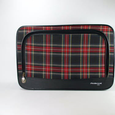 Tartan Plaid Suitcase Vintage Black & Red Travel Bag Fleetwood 500 Luggage Mid Century Soft Sided Zip Around Suitcase Overnight Weekender 