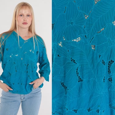 Blue Cutout Blouse 80s Floral Embroidered Top Bali Cutwork Sheer Cut Work Bohemian Cut Out Shirt Summer Festival Vintage 1980s Large L 