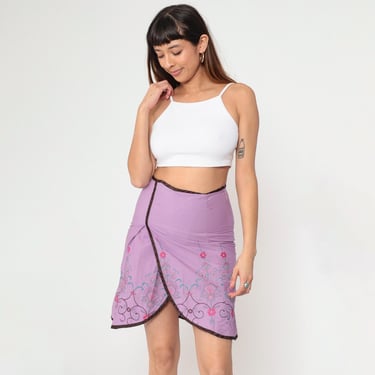 Embroidered Floral Mini Skirt Y2K Lavender Boho Skirt Tulip Hem Pencil Skirt Hippie 00s Vintage Purple Festival High Waisted Small 3 
