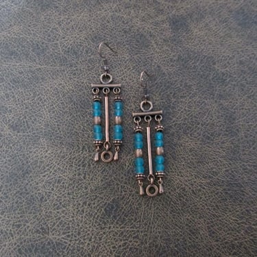 Teal sea glass and copper chandelier earrings 