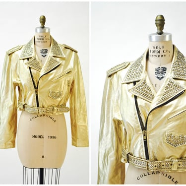 Amazing Vintage Gold Leather Biker Jacket with Rhinestones Gold Studs Large XL// Metallic Studded Gold Leather Moto Jacket LA ROXX 