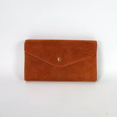 NEW Vintage 70s Dead Stock Genuine Leather Suede Wallet Burnt Sienna Fold Over Flap Clutch Change Purse Checkbook Credit Card Holder 7x4x1 