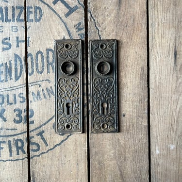 Pair of Cast Iron Door Plates Ornate Salvaged Hardware 