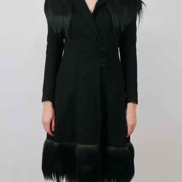 1930s Black Wool Gothic Crazy Fur Trim Coat