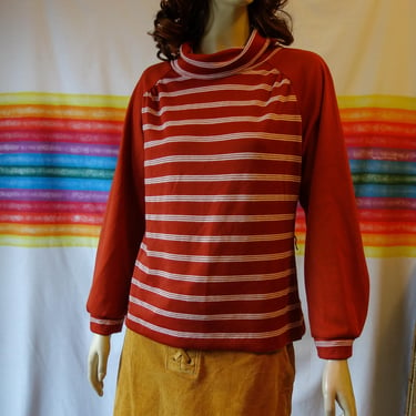 70s rust stripe long sleeve top size medium, mockneck cowl neck polyester sweater, burnt orange puff sleeve shirt brady style 1970s fashion 