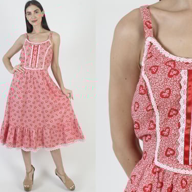 Red Heart Print Dress, Vintage 70s Sundress, Full Skirt With Pockets, Prairie Cottagecore Midi 