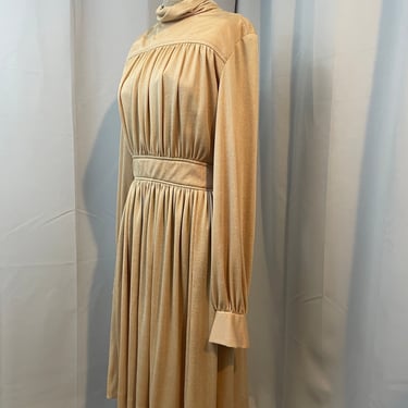 Gold Lame Dress 1970s vintage matte metallic disco Grecian Goddess draped M 