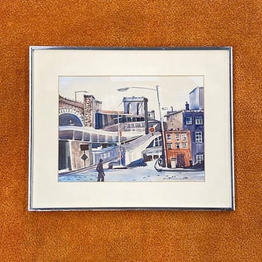 Vintage Ellen Hoyt Watercolor 1980s Retro Size 16x20 Contemporary + Brooklyn Bridge + New York + Pearce Street + Home Decor + Modern Art 