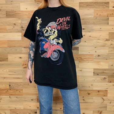 90's Vintage Taz Devil On Wheels Moto Biker Tee Shirt T-Shirt 