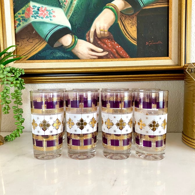 Vintage Fred Press Mid Century Glassware/ Set of 8 tumblers/22K Gold and Amethyst 