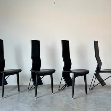 1980's Italian Postmodern High-Back Black Leather Dining Chairs - Set of 4 