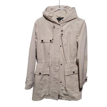 Kristen Blake Quilted Ivory Tan Coat Jacket Hood M Mid Length Lined Snaps EUC! 