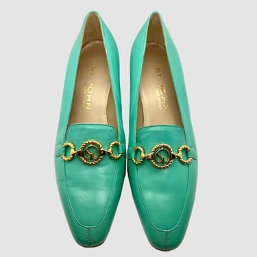 ST. JOHN TURQUOISE Loafers | Womens Slip On Loafers | Italian Leather Shoes | Designer Shoes | Gold Chain | Made in Italy | Women's size 6.5 