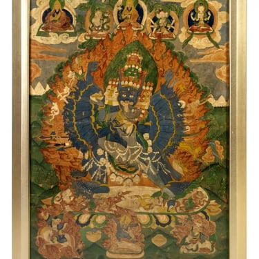 Framed Antique Tibetan Thangka of Yamantaka with Consort