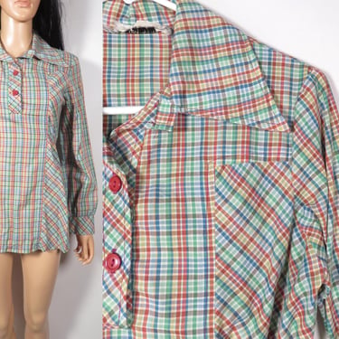 Vintage 70s Maternity Plaid Tunic Top Size M 