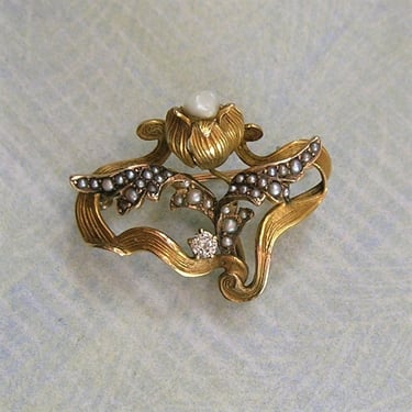 Antique 14K Gold Art Nouveau Pearl and Diamond Watch Pin, Old Nouveau Gold Pin, Antique Nouveau Diamond Pin, 14K Gold Pearl Pin (#4417) 