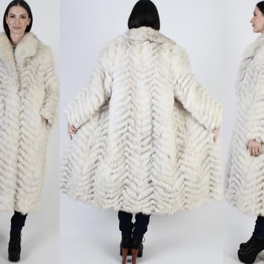 Full Length Fox Fur Coat, Chevron Striped Real Overcoat, Suede Corded Inlay Paneling, Shawl Collar Maxi Jacket 