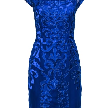 Sue Wong - Cobalt Blue Metallic Embroidered Sheath Dress Sz 12