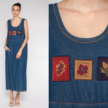 Denim Overall Dress Y2k Jean Jumper Dress Fall Leaves Patch Maxi Day Dress Autumn Leaf Print Embroidered Blue Sleeveless Vintage 00s Large L 