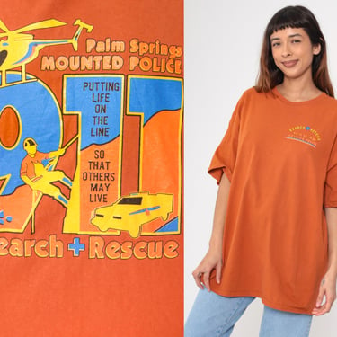 Vintage Search & Rescue Shirt 00s Palm Springs Mounted Police 911 Tee Mountain Climbing Helicopter Shirt Burnt Orange T-Shirt 2XL Gildan 