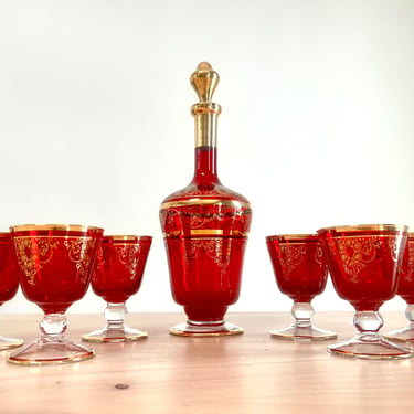 Red Murano Glass Decanter Set With Six Wine Glasses 