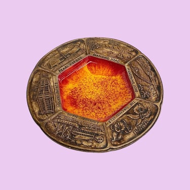 Vintage Treasure Craft Ashtray Retro 1960s Mid Century Modern + Hawaii Landmarks + Red Orange Ceramic + Round + Hexagon Interior + Storage 