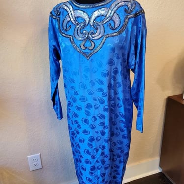 Vintage blue tulip print and sequins silk dress, 1980s 