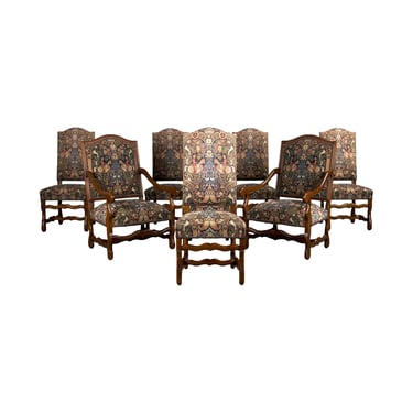 Antique French Louis XIII Style Os De Mouton Oak Dining Chairs W/ Embroidered Medieval Jacquard Fabric - Set of 8 