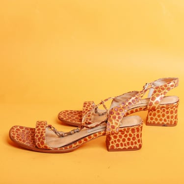 80s Brown Giraffe Print Leather Strappy Mini Heels Vintage Square Heel Chain Sandals Shoes 