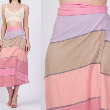 Vintage Pink Striped Sarong Wrap Skirt - Small | Boho Cotton Pastel Color Block Hippie Maxi Skirt 