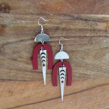 Geometric red and silver modern earrings 