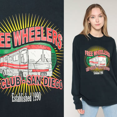 Freewheelers RV Club Shirt 90s San Diego T-Shirt California Travel Graphic Tee Retro Tourist TShirt Long Sleeve Black Vintage 1990s Large L 