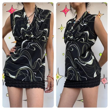 Vintage Y2K 2000s | Black Green Abstract Cyber Fairy Grunge Top Blouse | L 