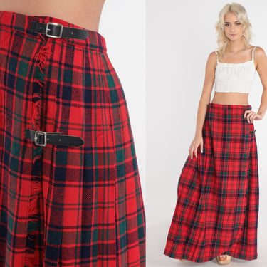 Long Plaid Skirt 80s Wool Maxi Schoolgirl Skirt Red Tartan Retro Preppy Secretary Buckle Strap Checkered High Waisted Vintage 1980s Medium M 