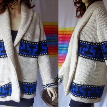 Vintage Lebowski style cardigan size small, med, large, heavy warm chunky winter sweater with shawl collar and pockets, blue and white knit 