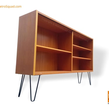 Danish Modern Teak Bookcase with Hairpin Legs & Sliding Glass Doors, Credenza By Poul Hundevad Storage Mid Century Modern MCM Eames 