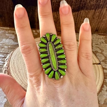 GREEN MEADOW Navajo Silver & Green Howlite Ring | Dean Brown Needle Point Cluster Ring | Native American Jewelry | Size 5 1/4, 7 1/4 