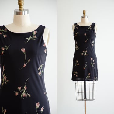 black mini dress 90s y2k vintage rose floral short sleeveless dress 